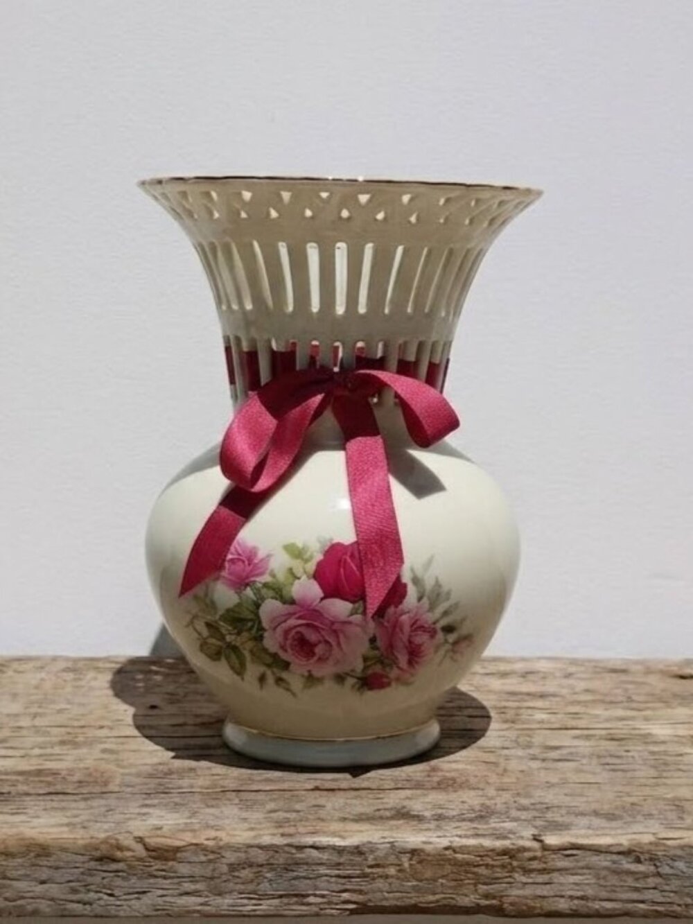 Vintage Formalities by Baum Bros Rose Vase Lattice with Pink Bow Porcelain 9.75"